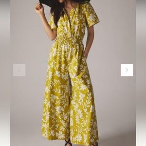 Anthropologie The Somerset Wide-Leg Jumpsuit Women’s XL Floral Print Yellow Boho